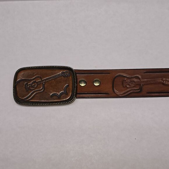 Vintage Tooled Leather & Brass Guitar Belt and Belt Buckle Made In U.S.A. - Picture 10 of 12